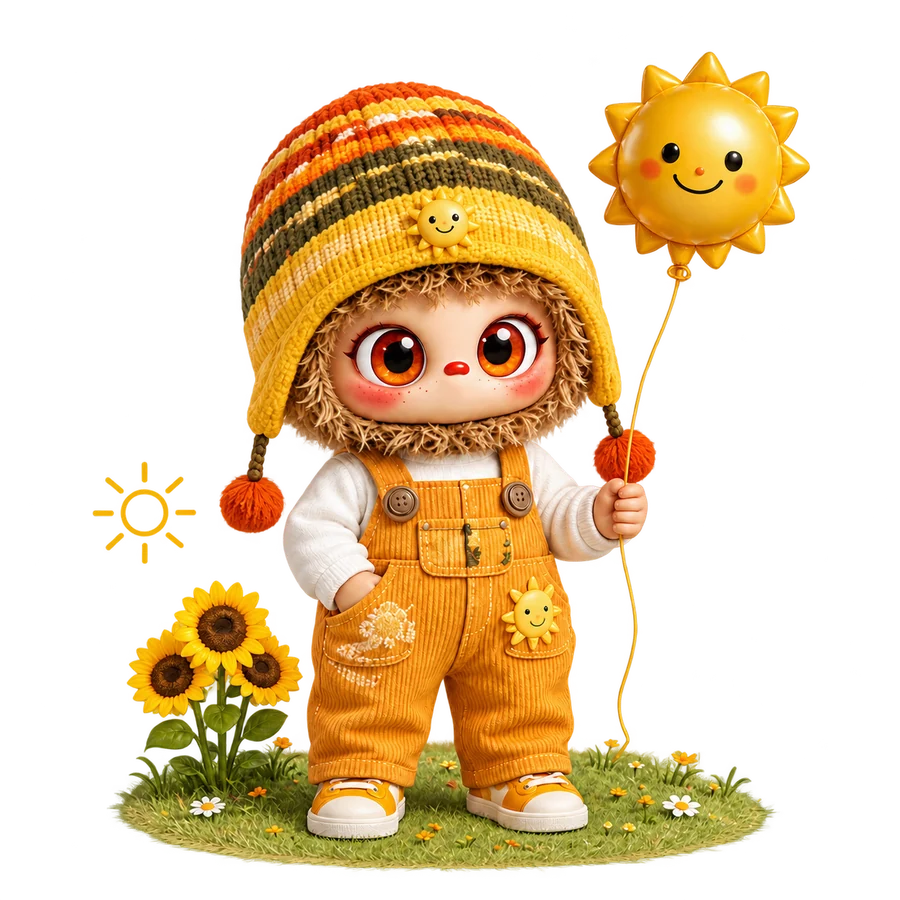 晴团团戴着针织帽，拿着太阳气球