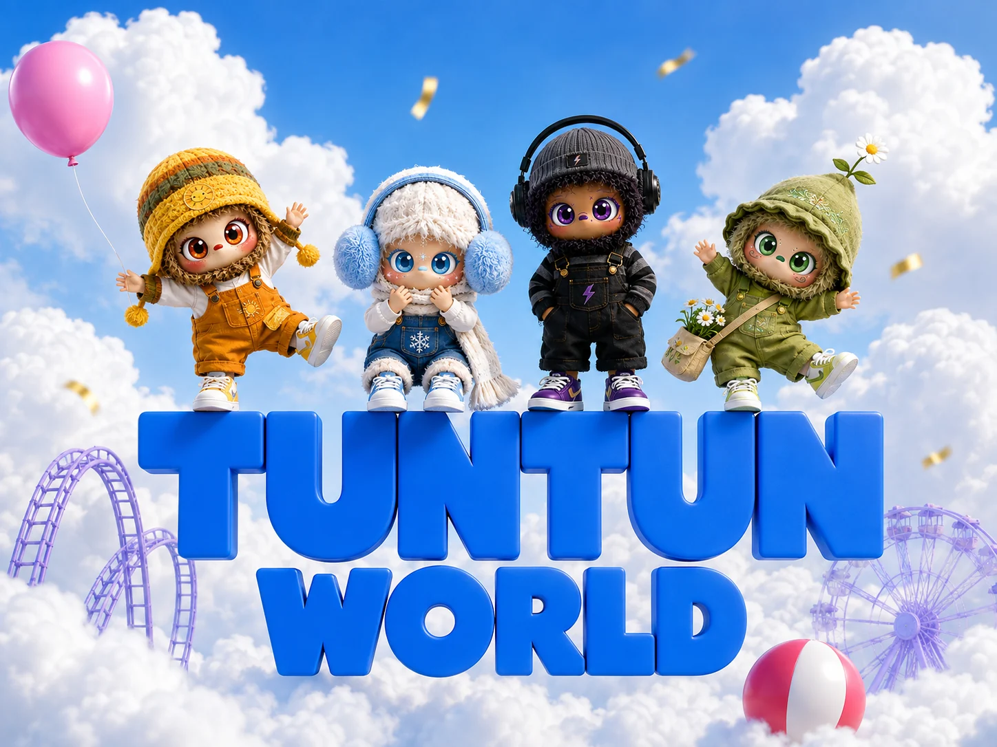 四位气团团站在蓝色 TUNTUN WORLD 立体字上，周围是云朵、气球和游乐园